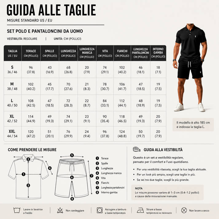 Tabella delle taglie del completo polo e pantaloncini da uomo