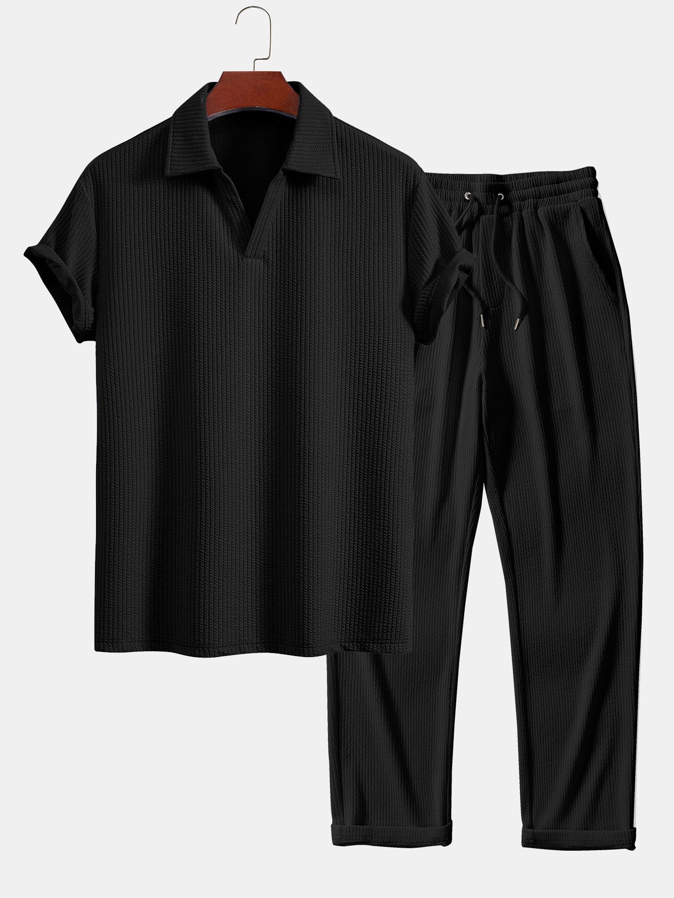 Completo Polo Testurizzata Scollo a V e Pantaloni - foto 2